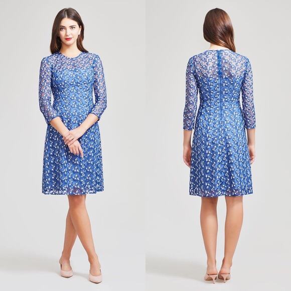 Lela Rose Holly Dress Blue Floral Embroidered Cocktail A-line 3/4 Sleeve 6 $1590 - Picture 1 of 14